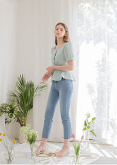 Linen Peplum Blouse for Women with Puff Sleeves and Square Neckline for a Soft Feminine Silhouette