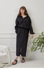 High-Waisted Linen Skirt with Front Slit and Elasticated Waistband