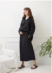 High-Waisted Linen Skirt with Front Slit and Elasticated Waistband