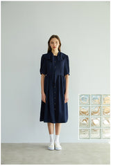 Elegant Button-Down Midi Linen Dress With Gathered Waist And Puff Sleeves For Refined Style