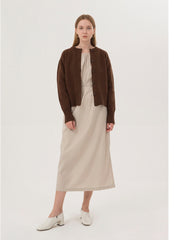 Balloon Sleeve Midi Dress in Breathable Linen with Gathered Neckline and Waist Tie