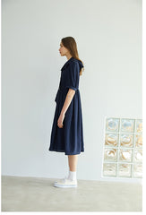 Elegant Button-Down Midi Linen Dress With Gathered Waist And Puff Sleeves For Refined Style