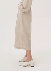 Balloon Sleeve Midi Dress in Breathable Linen with Gathered Neckline and Waist Tie