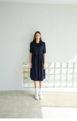 Elegant Button-Down Midi Linen Dress With Gathered Waist And Puff Sleeves For Refined Style