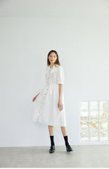 Elegant Button-Down Midi Linen Dress with Puff Sleeves and Oversized Collar Detail