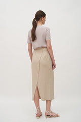 High-Waisted Linen Midi Skirt with Button Front and Pleated Detailing for Elegant Style
