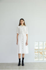 Elegant Button-Down Midi Linen Dress with Puff Sleeves and Oversized Collar Detail