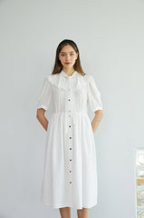 Elegant Button-Down Midi Linen Dress with Puff Sleeves and Oversized Collar Detail