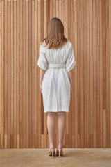 Belted Linen Midi Dress with Structured Lapel Collar and Utility Pockets for Effortless Elegance