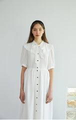 Elegant Button-Down Midi Linen Dress with Puff Sleeves and Oversized Collar Detail