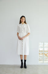 Elegant Button-Down Midi Linen Dress with Puff Sleeves and Oversized Collar Detail