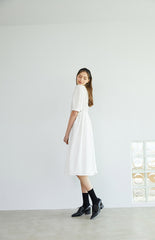 Elegant Button-Down Midi Linen Dress with Puff Sleeves and Oversized Collar Detail