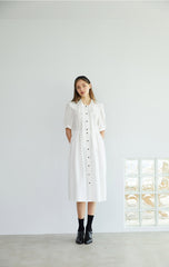 Elegant Button-Down Midi Linen Dress with Puff Sleeves and Oversized Collar Detail