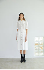 Elegant Button-Down Midi Linen Dress with Puff Sleeves and Oversized Collar Detail