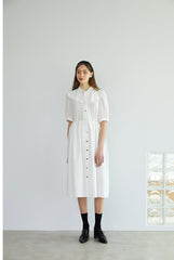Elegant Button-Down Midi Linen Dress with Puff Sleeves and Oversized Collar Detail