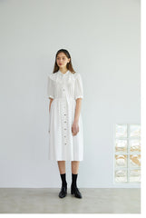Elegant Button-Down Midi Linen Dress with Puff Sleeves and Oversized Collar Detail