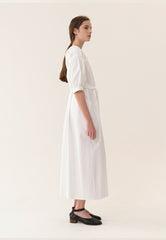 Elegant Ruffle-Trimmed Midi Linen Dress With Belted Waist And Asymmetric Layered Neckline