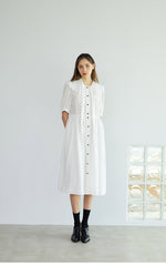 Elegant Button-Down Midi Linen Dress with Puff Sleeves and Oversized Collar Detail