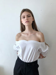 Off-Shoulder Puff Sleeve Linen Blouse with Drawstring Cuffs for Elegant Summer Styling