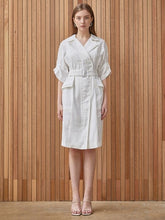 Belted Linen Midi Dress with Structured Lapel Collar and Utility Pockets for Effortless Elegance