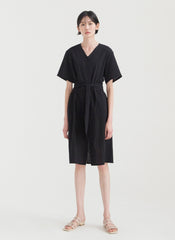 Elegant V-Neck Button-Down Linen Midi Dress with Waist Tie and Short Sleeves