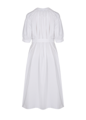 Elegant Ruffle-Trimmed Midi Linen Dress With Belted Waist And Asymmetric Layered Neckline