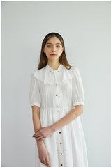 Elegant Button-Down Midi Linen Dress with Puff Sleeves and Oversized Collar Detail