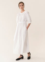 Elegant Ruffle-Trimmed Midi Linen Dress With Belted Waist And Asymmetric Layered Neckline