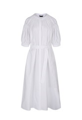Elegant Ruffle-Trimmed Midi Linen Dress With Belted Waist And Asymmetric Layered Neckline