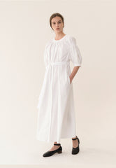 Elegant Ruffle-Trimmed Midi Linen Dress With Belted Waist And Asymmetric Layered Neckline