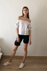 Off-Shoulder Puff Sleeve Linen Blouse with Drawstring Cuffs for Elegant Summer Styling