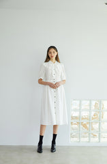 Elegant Button-Down Midi Linen Dress with Puff Sleeves and Oversized Collar Detail