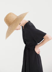 Elegant V-Neck Button-Down Linen Midi Dress with Waist Tie and Short Sleeves
