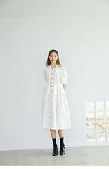 Elegant Button-Down Midi Linen Dress with Puff Sleeves and Oversized Collar Detail