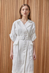 Belted Linen Midi Dress with Structured Lapel Collar and Utility Pockets for Effortless Elegance
