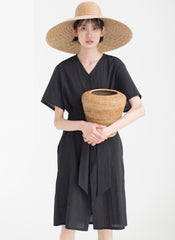 Elegant V-Neck Button-Down Linen Midi Dress with Waist Tie and Short Sleeves