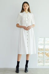 Elegant Button-Down Midi Linen Dress with Puff Sleeves and Oversized Collar Detail