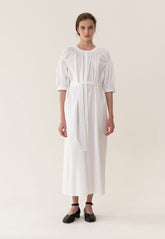 Elegant Ruffle-Trimmed Midi Linen Dress With Belted Waist And Asymmetric Layered Neckline
