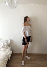 Off-Shoulder Puff Sleeve Linen Blouse with Drawstring Cuffs for Elegant Summer Styling