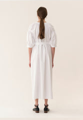 Elegant Ruffle-Trimmed Midi Linen Dress With Belted Waist And Asymmetric Layered Neckline