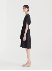 Elegant V-Neck Button-Down Linen Midi Dress with Waist Tie and Short Sleeves