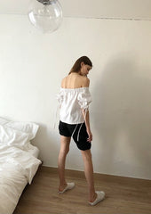 Off-Shoulder Puff Sleeve Linen Blouse with Drawstring Cuffs for Elegant Summer Styling