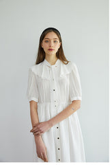 Elegant Button-Down Midi Linen Dress with Puff Sleeves and Oversized Collar Detail