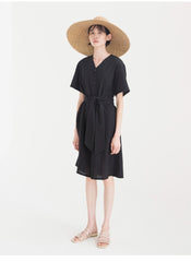 Elegant V-Neck Button-Down Linen Midi Dress with Waist Tie and Short Sleeves
