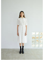 Elegant Button-Down Midi Linen Dress with Puff Sleeves and Oversized Collar Detail