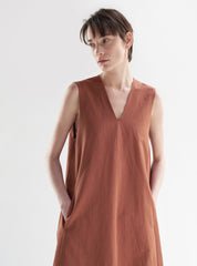 Sleeveless A-Line Linen Dress With Deep V-Neck and Side Pockets for Effortless Summer Styling