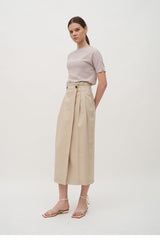 High-Waisted Linen Midi Skirt with Button Front and Pleated Detailing for Elegant Style