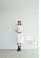 Elegant Button-Down Midi Linen Dress with Puff Sleeves and Oversized Collar Detail