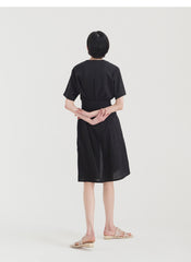 Elegant V-Neck Button-Down Linen Midi Dress with Waist Tie and Short Sleeves