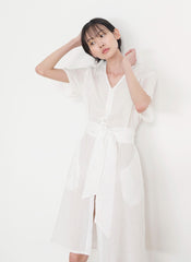 Elegant Linen Short-Sleeve Midi Dress With V-Neck And Tie-Waist For Breathable Summer Style